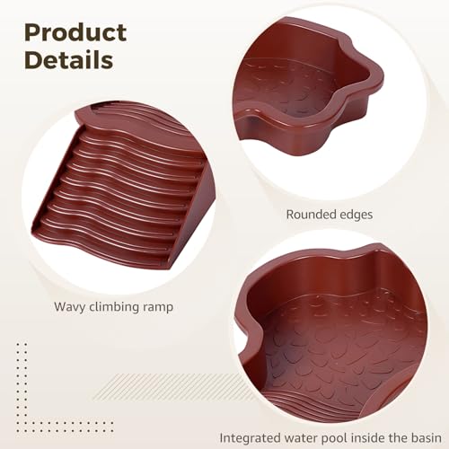 Tortoise Water Dish with Ramp, 13.8 in Large Reptile Bathing Pool, Aquarium Soaking Tray, Red Brown ABS Turtle Bowl for Amphibians, Easy Clean