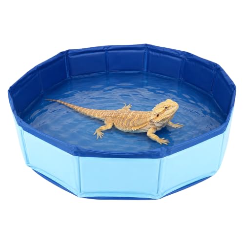 Foldable Bearded Dragon Bathtub, 50x10cm/19.69x3.94in Portable Small Pet Water Tub with Soft Brush and Towel for Bearded Dragons Turtle Hedgehogs Hamsters (Blue)