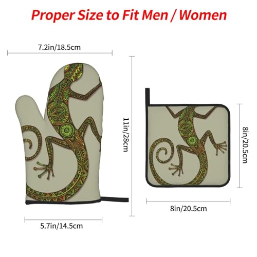 Reptiles Ornamental Colorful Lizard with Ethnic Patterns Exotic 4 Pack Oven Mitts and Pot Holders Set, Thick Polyester Heat Resistant Kitchen Gloves for Baking BBQ Grilling