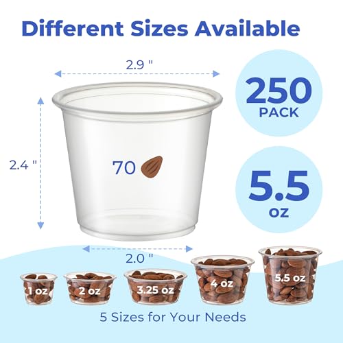 Fit Meal Prep 250 Pack 5.5 oz BPA Free Condiment Cups No Lids, Disposable Jello Shots Containers, Small Dipping Sauce Cups, Plastic Ramekins in Bulk, Stackable Souffle Cups for Sample, Portioning - size: 5.5 oz