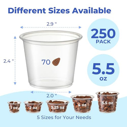 Fit Meal Prep 250 Pack 5.5 oz BPA Free Condiment Cups No Lids, Disposable Jello Shots Containers, Small Dipping Sauce Cups, Plastic Ramekins in Bulk, Stackable Souffle Cups for Sample, Portioning - size: 5.5 oz