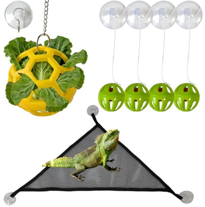 8 PCS Bearded Dragon Enrichment Toys Kit with Feeder Ball, Hanging Bell Balls, Suction Cups & Reptile Hammock - Interactive Foraging Feeder, Habitat Decor Accessories for Lizard Gecko Climbing Play
