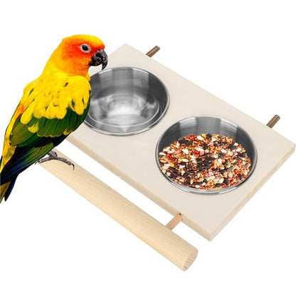 Bird Food Stainless Steel Cups, Parrots Feeding Dish Cups with Wooden Platform, Stainless Steel Food Water Feeder Cage Accessory with StandDouble Bowl