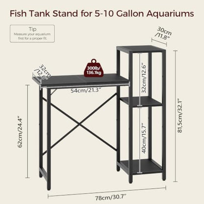 MAHANCRIS 5-10 Gallon Fish Tank Stand with 3-Tier Storage Shelf, Heavy Duty Aquarium Stand for Home Office, Metal Frame Turtle Reptile Terrarium Stand, 30.7" L x 12.6" W x 32.1" H, Black FTBK5201 - color: Black