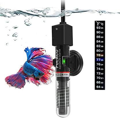 25Watt Mini Aquarium Submersible Betta Heater with Free Thermometer Strip for 1-6 Gallon Fish Tanks (Preset Temperature 78℉)