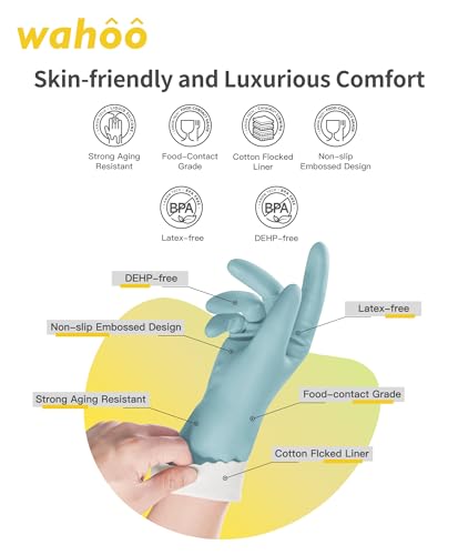 LANON wahoo Cleaning Gloves with Cotton Flocked Liner, Surf Spray, Medium | Dishwashing, Latex Free, Skin-Friendly, Dishes Washing, Reusable, DEHP-Free, Non-Slip, Household Kitchen Gloves - size: Medium