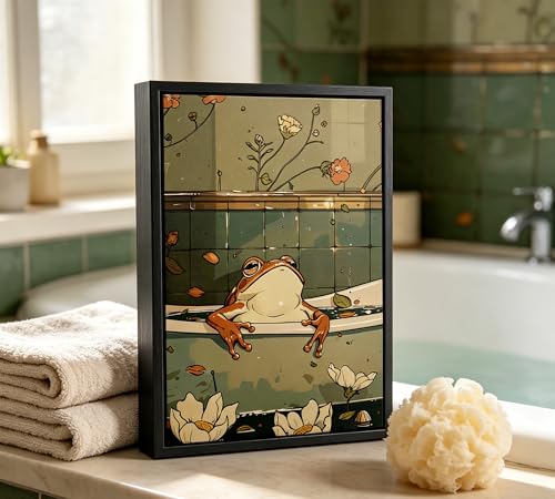 Vintage Frog Bath Wall Art, Cute Frog in Bathtub Framed Canvas Wall Decor, Retro Floral Bathroom Print for Bathroom, Restroom, Toilet, 8x10 Inch - color: Frog B, size: 10"L x 8"W