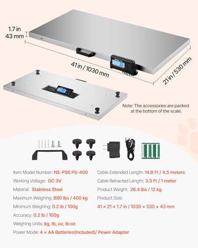 VEVOR 880Lbs x 0.2Lbs Livestock Scale Shipping Scales Large Platform 40.6x20.9Inch Stainless Steel Vet Scale Industrial Floor Scale Large Animal Dog Pig Scale Goat Weight Scale Pet Digital Scale | For Dogs, Pigs, Goats and Animal Pets, Stainless Steel Ind