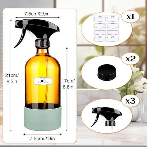 ZENOWICK 2 Pack/16 Oz Glass Spray Bottles, Refillable Empty Containers | Containers with Silicone Sleeve, Upgraded Adjustable Nozzle Spray Bottle Sets for Cleaning, Essential Oils, Hair (Amber) - size: 2 Pack