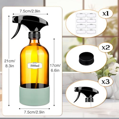 ZENOWICK 2 Pack/16 Oz Glass Spray Bottles, Refillable Empty Containers | Containers with Silicone Sleeve, Upgraded Adjustable Nozzle Spray Bottle Sets for Cleaning, Essential Oils, Hair (Amber) - size: 2 Pack