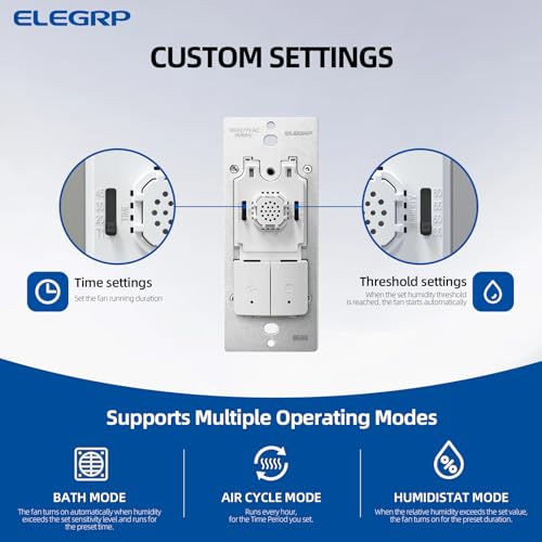 ELEGRP Dual Combination Humidity Sensor Switch with Light Control, Exhaust Fan Automate Ventilation, Moisture Control, Air Circulation for Bathroom, Ground Wire Required, Single Pole, White, 2 Pack - style: Fan & Light Control