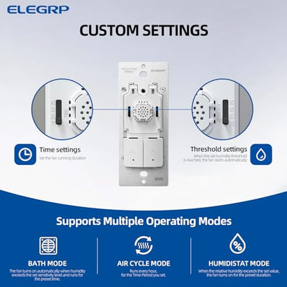 ELEGRP Dual Combination Humidity Sensor Switch with Light Control, Exhaust Fan Automate Ventilation, Moisture Control, Air Circulation for Bathroom, Ground Wire Required, Single Pole, White, 2 Pack - style: Fan & Light Control