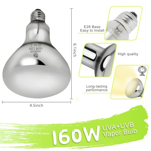 160W UVA UVB Vapor Reptile Heat Lamp, High Intensity Self-Ballasted UVB Basking Lamp Bulb,Full Spectrum Sun Light for Reptiles and Amphibians - size: UV 160W