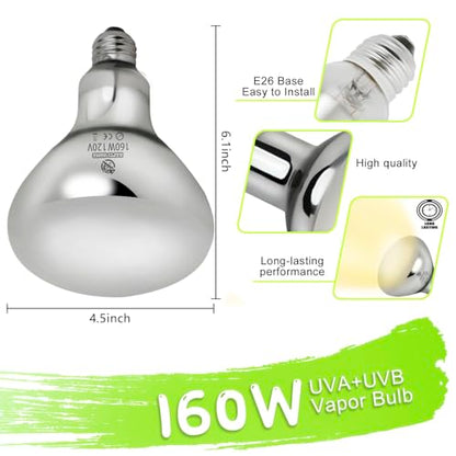 160W UVA UVB Vapor Reptile Heat Lamp, High Intensity Self-Ballasted UVB Basking Lamp Bulb,Full Spectrum Sun Light for Reptiles and Amphibians - size: UV 160W