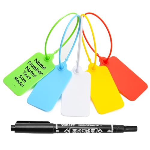 50 Blank Plastic Tags for Labeling Waterproof Hanging Labels Writable Tags Seal Plastic Marking Label for Clothes Bags Keys Inventory with One Marker Pen (Mixed 5 Color) - color: Mixed 5 Color, size: 50 PCS