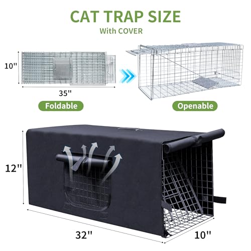 Live Animal Trap Cage with Cover, Heavy Duty Cat Trap for Stray Cats | Folding Skunk Traps Cage with Real Door for Raccoon, Groundhog, Skunk, Feral Cats, Squirrel-(32 x 10 x 12 inches)