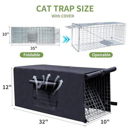 Live Animal Trap Cage with Cover, Heavy Duty Cat Trap for Stray Cats | Folding Skunk Traps Cage with Real Door for Raccoon, Groundhog, Skunk, Feral Cats, Squirrel-(32 x 10 x 12 inches)