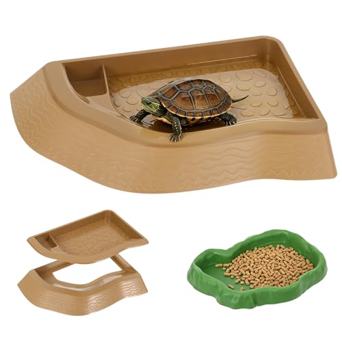 Reptile Bathing Pool with Ramp, Turtle Soaking Dish with Pet Food Feeding Plate Reptile Feeding Dish Water Bowl Bathing Pool Aquarium Ornament for Gecko, Turtle, Bearded Dragon, Lizard Bath