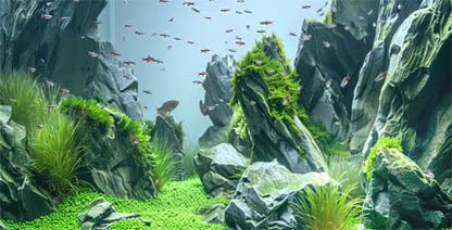 Marine Aquarium Background, Sea Rock Green Landscape Fish Tank Background, Nature Photo Terrarium Background 30X18IN with 8 EVA Double-Sided Tape - size: 30X18in/75X45cm