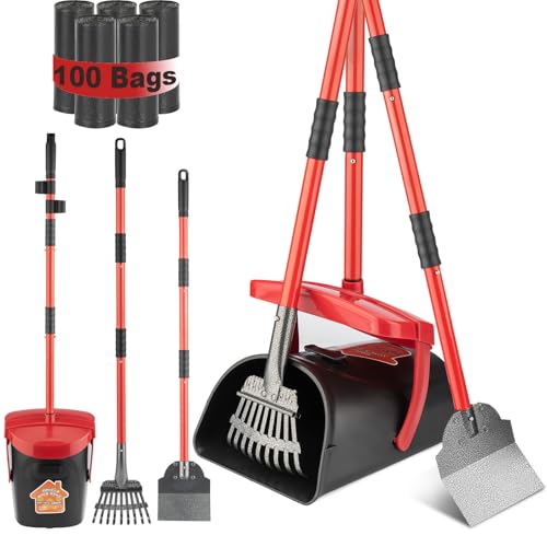 HUZSV Dog Pooper Scooper with Bag Attachment&Swivel Bin | Heavy Duty Metal Rake and Spade Set,Non-Breakable Poop Scoop for Large & Small Dogs ,100 Waste Bags for Grass, Dirt & Gravel