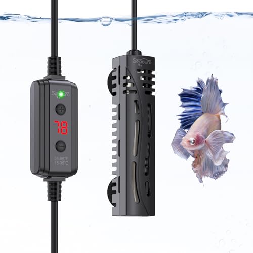 SEAOURA Small Aquarium Heater, 25W Mini Turtle and Betta Fish Tank Heater 1-6 Gallon Tank, Adjustable Submersible Aquarium Heater with External Controller for Freshwater and Saltwater - size: ≤ 6 Gal Tank