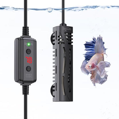 SEAOURA Small Aquarium Heater, 25W Mini Turtle and Betta Fish Tank Heater 1-6 Gallon Tank, Adjustable Submersible Aquarium Heater with External Controller for Freshwater and Saltwater - size: ≤ 6 Gal Tank