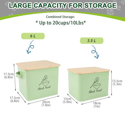 Bird Seed Storage Container Set of 2,10LB Bird Food Container-Green | Metal Bird Seed Container with Bamboo Lids, Airtight Wild Bird Seed Tin for Storing Sunflower Seed-Squirrel proof - color: Green(Bird Feed)