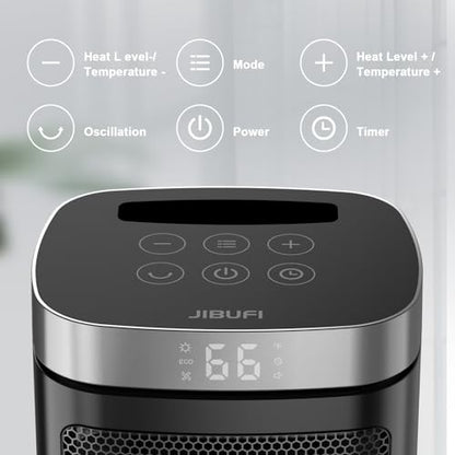 Small Portable Space Heater for Indoor Use - with 70°Rotating Feature, JIBUFI 1500W PTC Electric Heater, Rapid and Safe Heating, Remote Control, 1-12 Hr Timer for Bedroom, Office