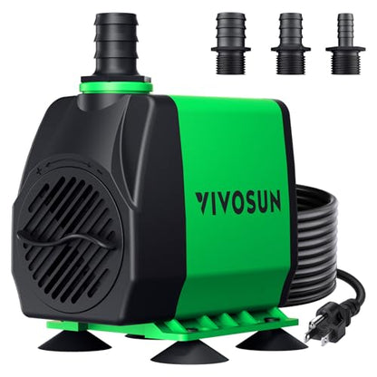 VIVOSUN 800GPH Submersible Fountain Water Pump for Pond, Aquarium, Statuary | 3000L/H, 50W, Ultra Quiet Water Pump with 10ft. High Lift and 6.5ft. Power Cord, 3 Nozzles for Hydroponics, Green - size: 7"×5"-800