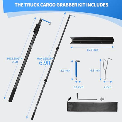 Magnetically Mounted Truck Cargo Grabber Reach Retriever Tool,6.9 Ft Upgraded Extendable Truck Bed Accessories,Heavy Duty Stainless Steel Truck Bed Grabber Tool with Two Hooks (Magnetically Mounted) | 6.9FT Heavy Duty Stainless Steel Extendable Pole with