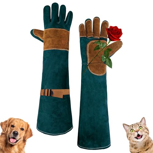 HANDLANDY Animal Handling Gloves, Bite Proof for Cat Dog Handling | Puncture & Scratch Resistant Leather Gauntlet Gloves for Dogs, Cats, Birds, Falconry, Gardening - color: Emerald Green, size: 24 Inches