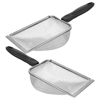 2pcs Stainless Steel Reptile Scoop with Mesh for Cage and Glass Tank Cleaning, Black Sand Scoopers Featuring Antislip Handle and Smooth Rounded Edges, Preventing Damage