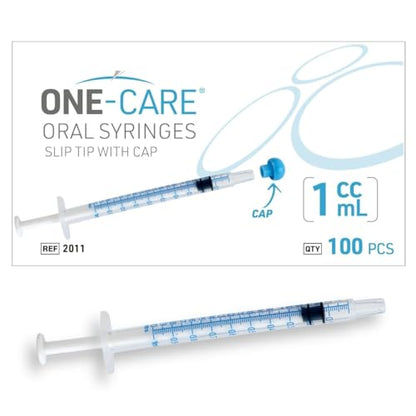 ONE-CARE 1ml Oral Syringe with Cap, Slip Tip Liquid Dispensers, 100/Box | Individually Wrapped, Food-Grade Plastic, Accurate Graduation for Precise Liquid Dosing, Oral Feed - Infants, Adults & Pets - size: 1ml
