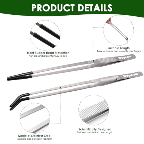 Reptile Feeding Tongs, Stainless Steel Long Tweezers Set, 4 Pack | 10.6" Straight & Curved Tweezers with Soft Rubber Tip, for Aquarium Terrarium, Crafts, Bearde Dragon Tank Accessories, Silver