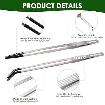Reptile Feeding Tongs, Stainless Steel Long Tweezers Set, 4 Pack | 10.6" Straight & Curved Tweezers with Soft Rubber Tip, for Aquarium Terrarium, Crafts, Bearde Dragon Tank Accessories, Silver