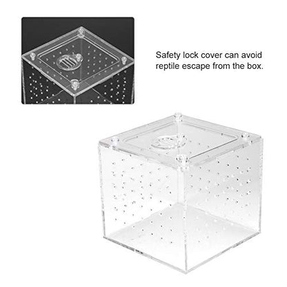 Reptile Breeding Box Acrylic Terrarium Transparent Durable Enclosure with Ventilation Holes Feeding Hole Safety Lock Cover for Snakes Spiders Lizards Insects Small Pets 10x10x9cm