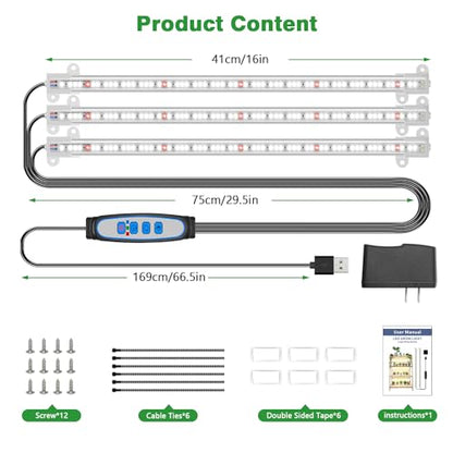 Wiaxulay LED Plant Grow Light Strips, 6000K White Grow Lights for Indoor Plants Full Spectrum, 3 Bars/16 in Grow Lamp with 6/12/16 Hrs Timer, 5 Brightness for Green House, Hydroponics, Seed Starting | 3 Bars 1 Pack, 6000K Growing Lamp with 3 Lighting Mode