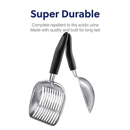 Cat Litter Scoop, Aluminum Alloy Sifter, Kitty Metal Scooper, Deep Shovel, Long Handle, Poop Sifting, Kitten Pooper Lifter, Durable, Heavy Duty, for Litter Box - color: FLAT Aluminum \ #06 Black Handle, size: Large