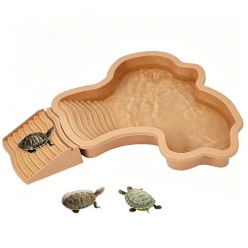 Reptile Bathing Pool with Ramp and Climbing Stairs 26.7x28x4.2cm Large Tortoise Food Water Dish Reptile Feeding Bowl Aquarium Ornament for Lizards, Geckos, Snakes, Bearded Dragons