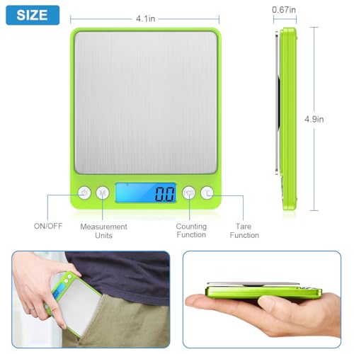 Digital Scale, 3000g, 0.01 Ounces, 0.1 Grams Accuracy Mini Kitchen Food Scale with 2 Trays, Pocket Scale for Jewelry, Coffee, LCD Display, Tare Function, Stainless Steel - color: Green
