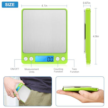 Digital Scale, 3000g, 0.01 Ounces, 0.1 Grams Accuracy Mini Kitchen Food Scale with 2 Trays, Pocket Scale for Jewelry, Coffee, LCD Display, Tare Function, Stainless Steel - color: Green