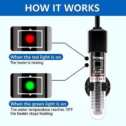 FREESEA Aquarium Fish Tank Heater: 25W Small Betta Turtle Heating | Submersible Aquarium Heater with Preset 78°F Temperature for 1-5 Gallon Betta Turtle Freshwater Saltwater Tank
