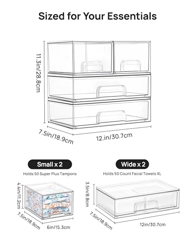 Vtopmart Stackable Storage Drawers Set of 4, Clear Plastic Organizer Bins for Bathroom Supplies,Ideal for Cabinet,Pantry,Laundry Room Organization - style: 2 Small+2 Wide