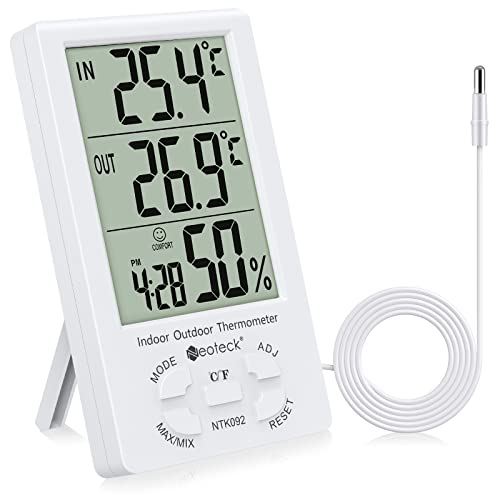 Neoteck 2in1 Thermometer Hygrometer with Clock LCD Display 1.5m Sensor Wire | ± 1°/5% High Accuracy Digital Humidity Temperature Meter with Clock for Indoor Outdoor Air Quality Condition Monitoring