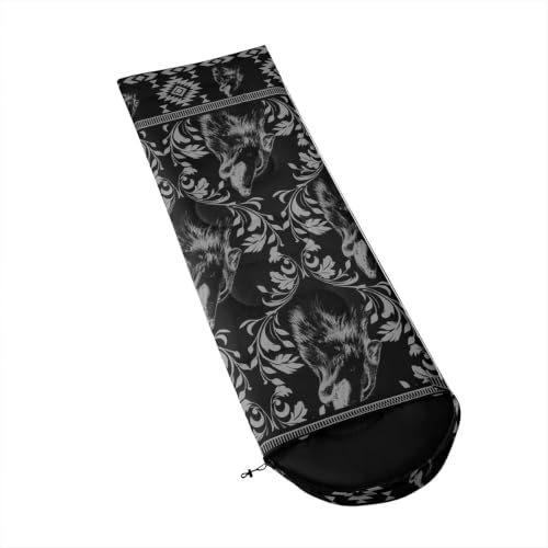 Erosebridal Longhorn Cow Skull Sleeping Bag for Kids Goth Witchy Damask Camping Blanket for Hiking Travel Hunting Sleep Bag - color: Black Howling Wolf