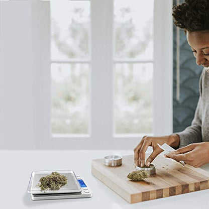 Fuzion Digital Gram Scale .01 Gram Accuracy, 500g Small Jewelry Scale | Small Kitchen Food Scale with 2 Trays for Herb, Powder, Coffee, Gold, Coin - Weight Gram and Oz - color: Silver
