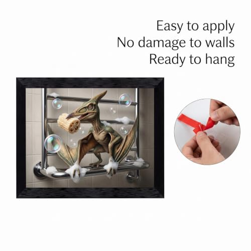 Framed Canvas Wall Art 3D Render Pterodactyl Bath Scene Earthy Green Reptile Bubbles Canvas Print Poster Black Frame Wall Decor for Bathroom Dinosaur Decor, Unique Gift - Inch 12x16 - color: Multicolor Art 5, size: 16"L x 12"W