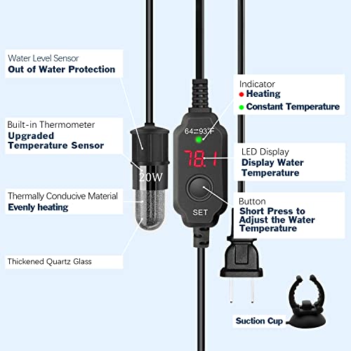 YOFOTHS Adjustable Mini Aquarium Heater, 20W for Tanks 2-4 Gallons | Fish Tank Heater, Digital Display Thermostat, External Temperature Controller - size: 20W