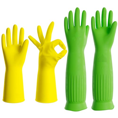 PrettyCare 2 Pairs Rubber Cleaning Gloves long & short for Household - Reusable Dishwashing Gloves for Kitchen, Flexible Long-lasting