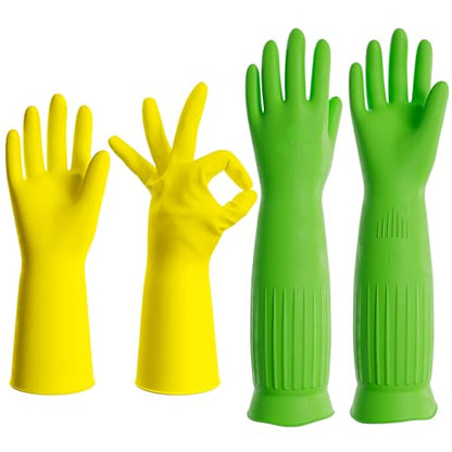 PrettyCare 2 Pairs Rubber Cleaning Gloves long & short for Household - Reusable Dishwashing Gloves for Kitchen, Flexible Long-lasting